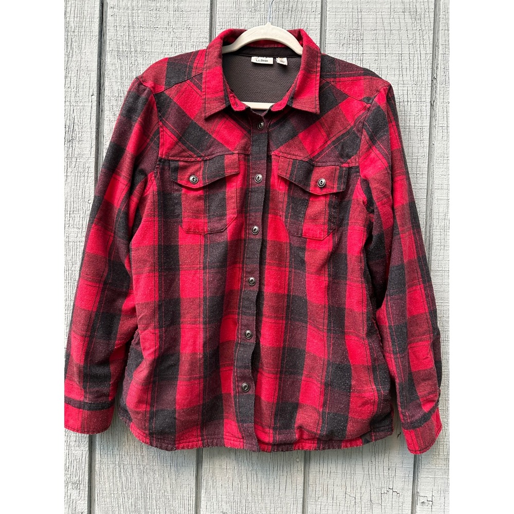 L.L. Bean Red Black 90s Plaid Flannel Shirt Jacket Lined Button Up Long Sleeve L